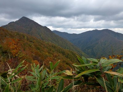 P1000092.JPG (194.23 KiB) 閲覧された回数 8990 回 P1075からの下りで鋭鋒・蕎麦粒山を見る