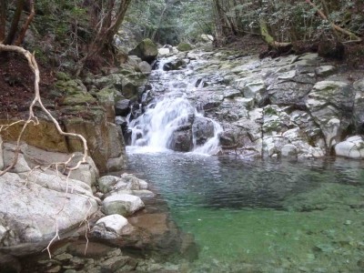 エメラルドグリーンの釜と斜滝