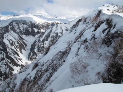 丸石谷と奥長倉避難小屋（右上）