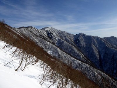 尾根を歩いていて、ようやく小津権現山が見えてきたところ