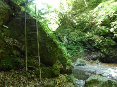 ハシゴで岩を乗り越える