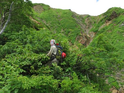 ヤブコギの悦びに打ち震えるＦ氏　　　　バックはガレ沿いの平瀬道