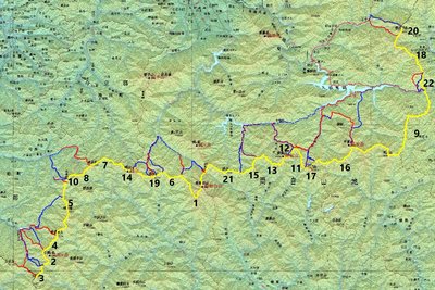 越美国境.jpg (781.01 KiB) 閲覧された回数 3228 回 赤 登り 青 下り (破線はチャリ) <br />黄色 越美国境