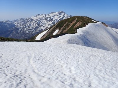 別山から見る白山。尾根は雪があっても精神的にもラクラク