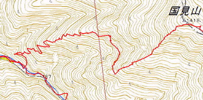 国見山頂から標高で200m弱下れば廃林道、横切って更に尾根を120m下る(ここまでが天高ルート)とここから廃林道歩き。