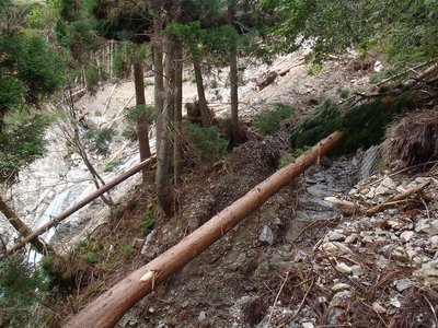 林道下から望む。左に元の谷。右にケンチブロック。