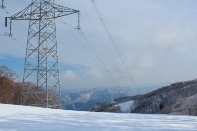 たくさんの碍子に吊るされた送電線