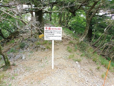 草木側の通行止め予告看板（杭はすでに登山道を）