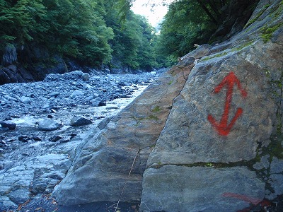 赤ペンキの矢印もあちこちに