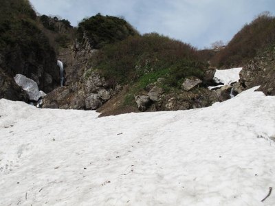 左が右俣の滝、右が今回登った雪渓