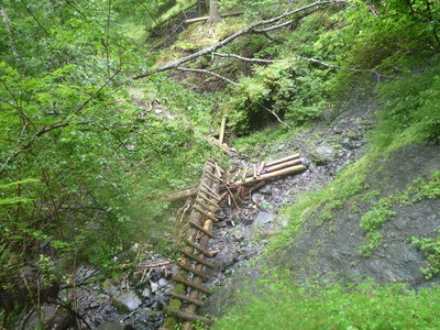 登山道の壊れた木橋